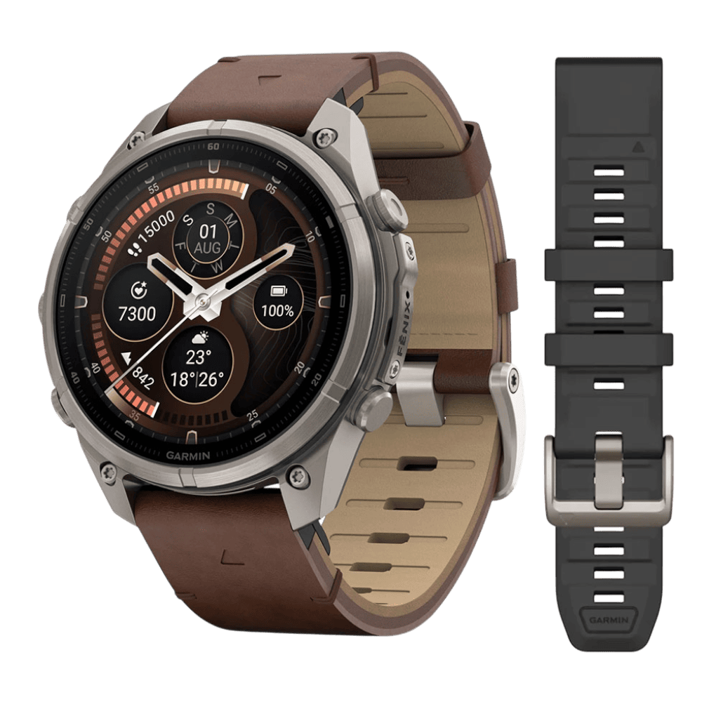 Смарт-годинник Garmin Fenix 9 Pro - inReach, 47мм Titanium з Walnut коричневим шкіряним ремінцем